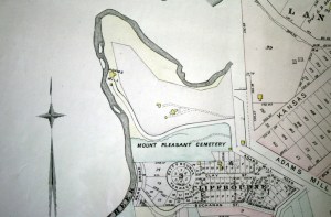 1887 map showing Mount Pleasant Cemetery and prospective development south of the site.