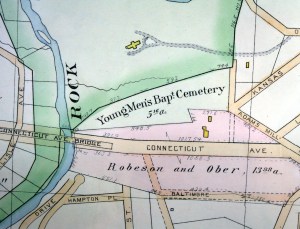 1894 Hopkins map showing some prospective streets and naming today's Calvert Street as Connecticut Avenue; the cemetery is named Young Men's Baptist Cemetery--the name used by Zoo officials in acquiring part of the cemetery land in 1890.