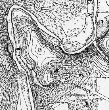 1894 topographic map showing cemetery entrance from Adams Mill Road (east side). Mill buildings once owned by John Quincy Adams are still visible northwest of the cemetery.