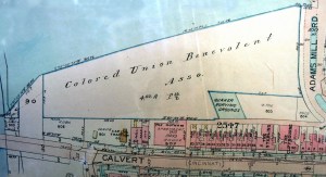 1919 Baist's map showing cemetery land owned by Colored Union Benevolent Association and the Quaker Burying Grounds, 29 years after both cemeteries were closed.